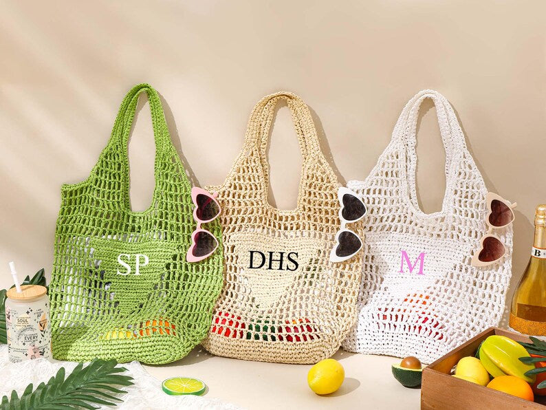 Personalized beach tote bag,Beach straw bag,Bridal Shower Bag title