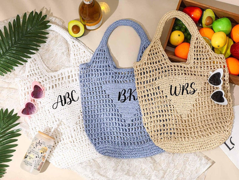 Personalized beach tote bag,Beach straw bag,Bridal Shower Bag title
