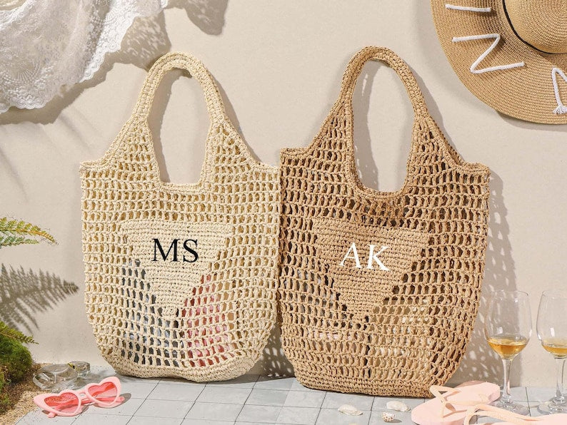 Personalized beach tote bag,Beach straw bag,Bridal Shower Bag title